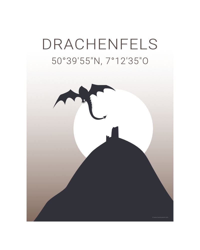 Plakat mit einer abstrakten Grafik des Drachenfels im Siebengebirge samt Geo-Koordinaten